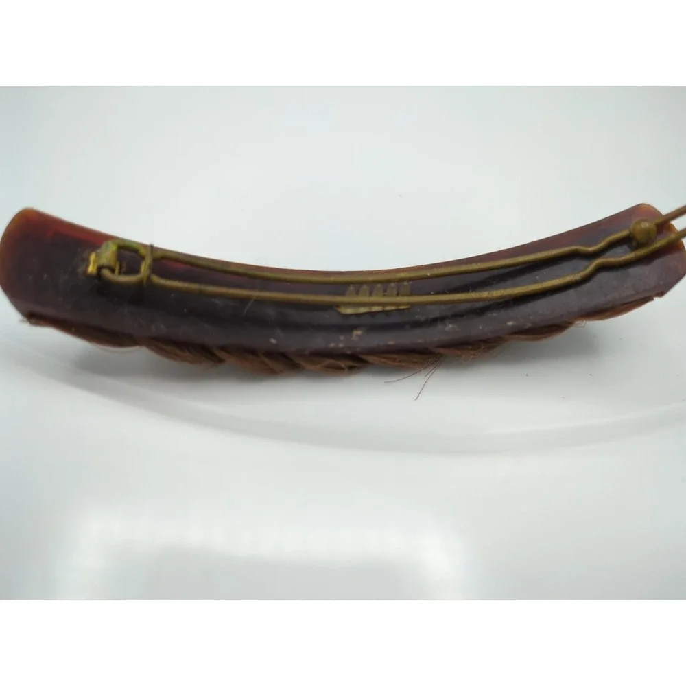 Vintage Metal & Celluloid Faux Hair Braid Barrette 3.5‎ in long Brunette Brown